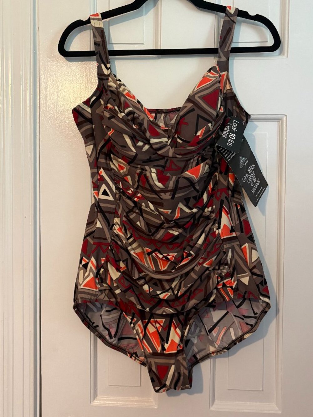 NWT - Miraclesuit Geometric Rouched Swimsuit in Tan Black Red - 16